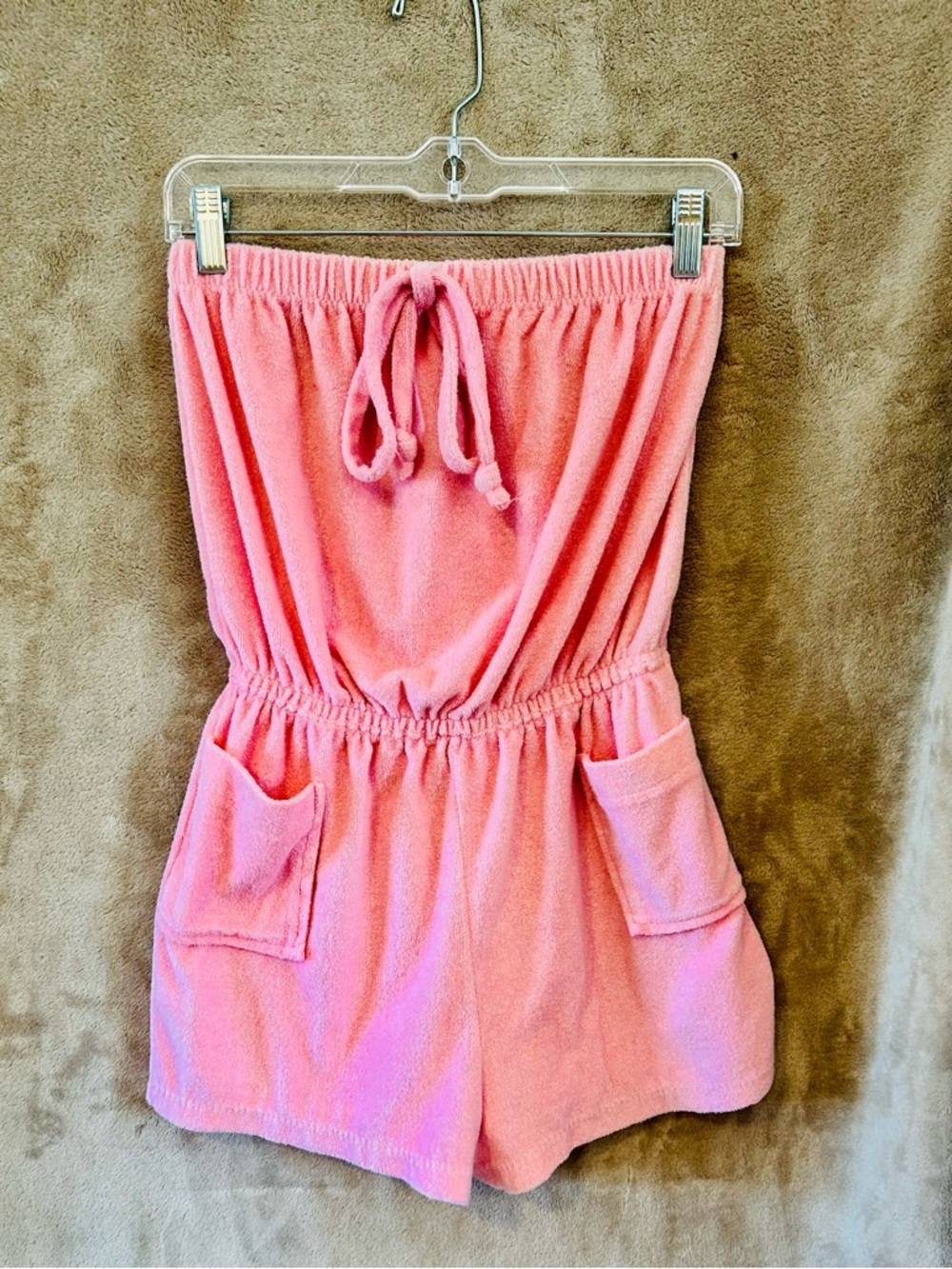 Vintage Vandemere Pink Terry Cloth Strapless Romper USA Pockets M